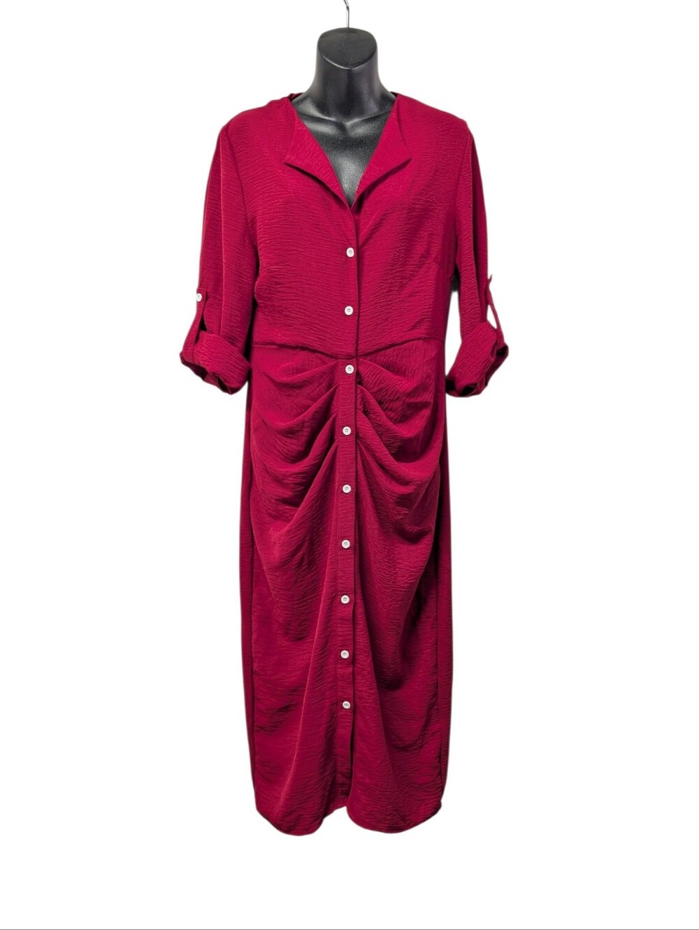 SHEIN Women's Red Solid Shirt Dress Collared Button Pockets Midi 3/4 Sleeve M